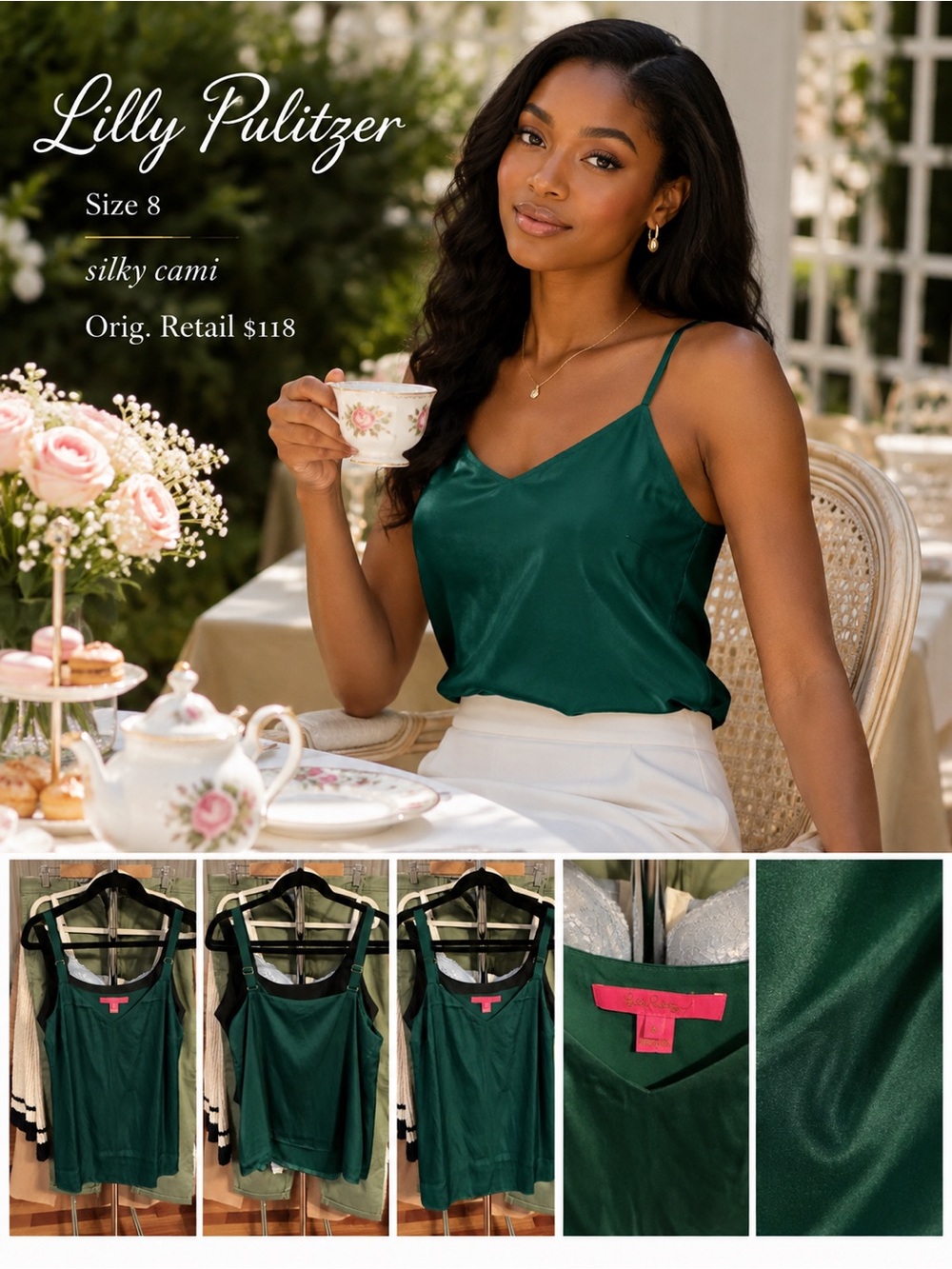 Lilly Pulitzer Dark Emerald Satin Cami